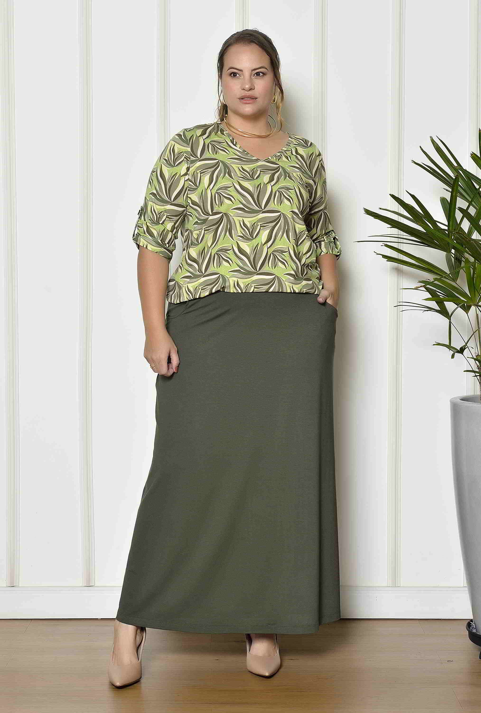 Blusa Plus Size Estampada Manga 3/4 Verde Ester