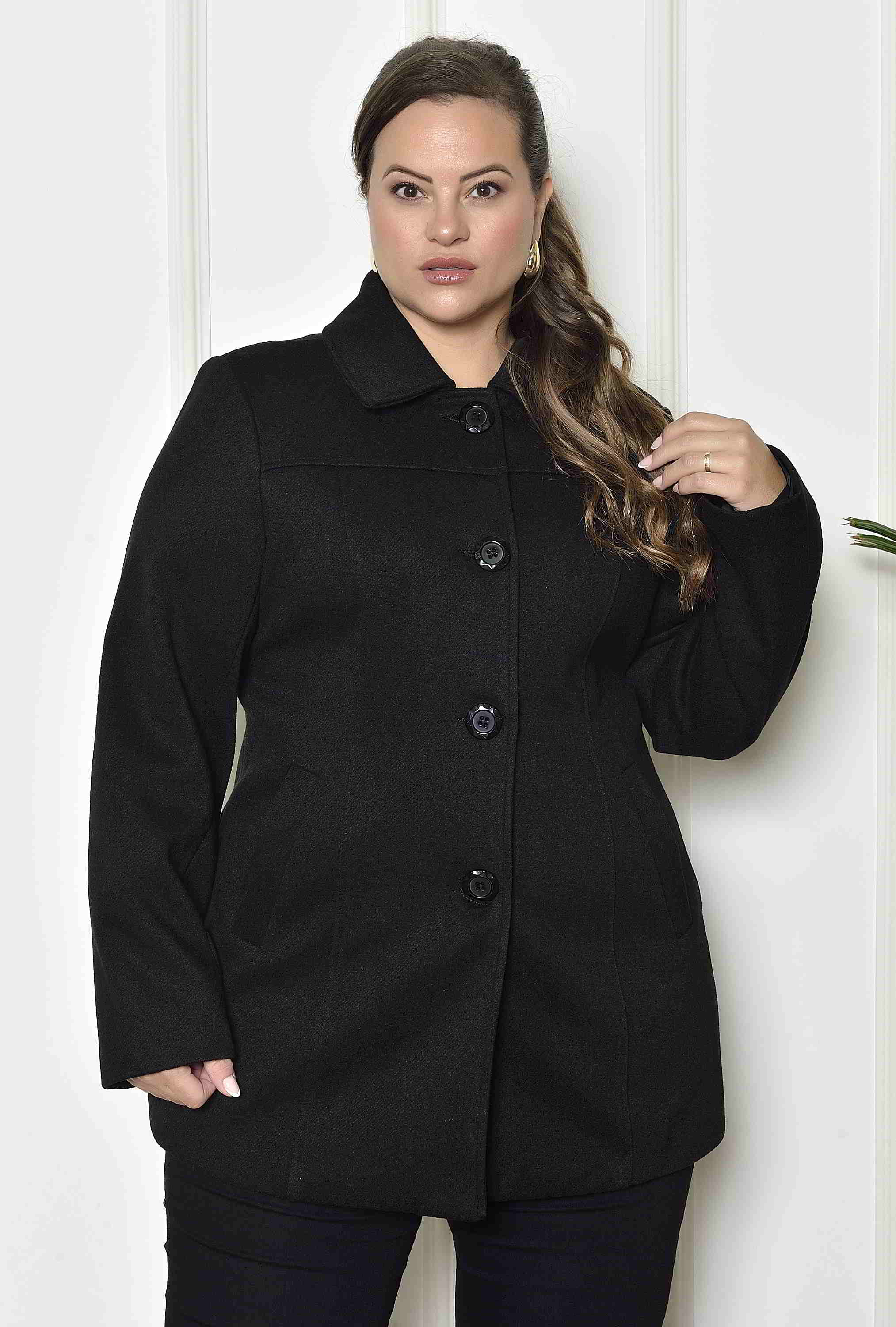 Casaco De Lã Batido Feminino Plus Size Sobretudo La Batido Preto